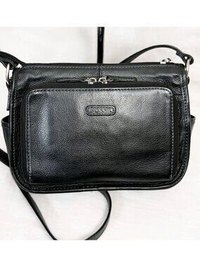 Vintage Fossil Black Leather Crossbody Bag Organizer Travel Purse Multi-Pocket